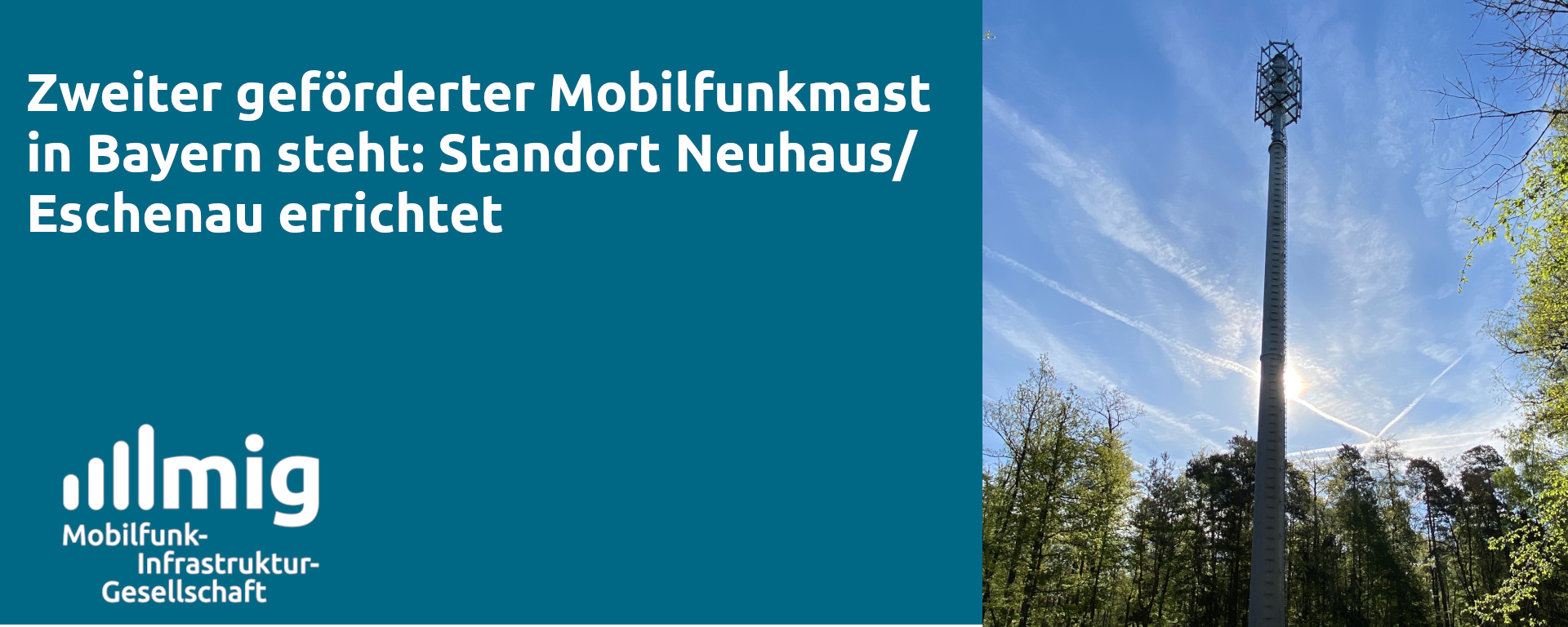 Ein Mobilfunkmast auf einer Waldlichtung vor blauem Himmel.