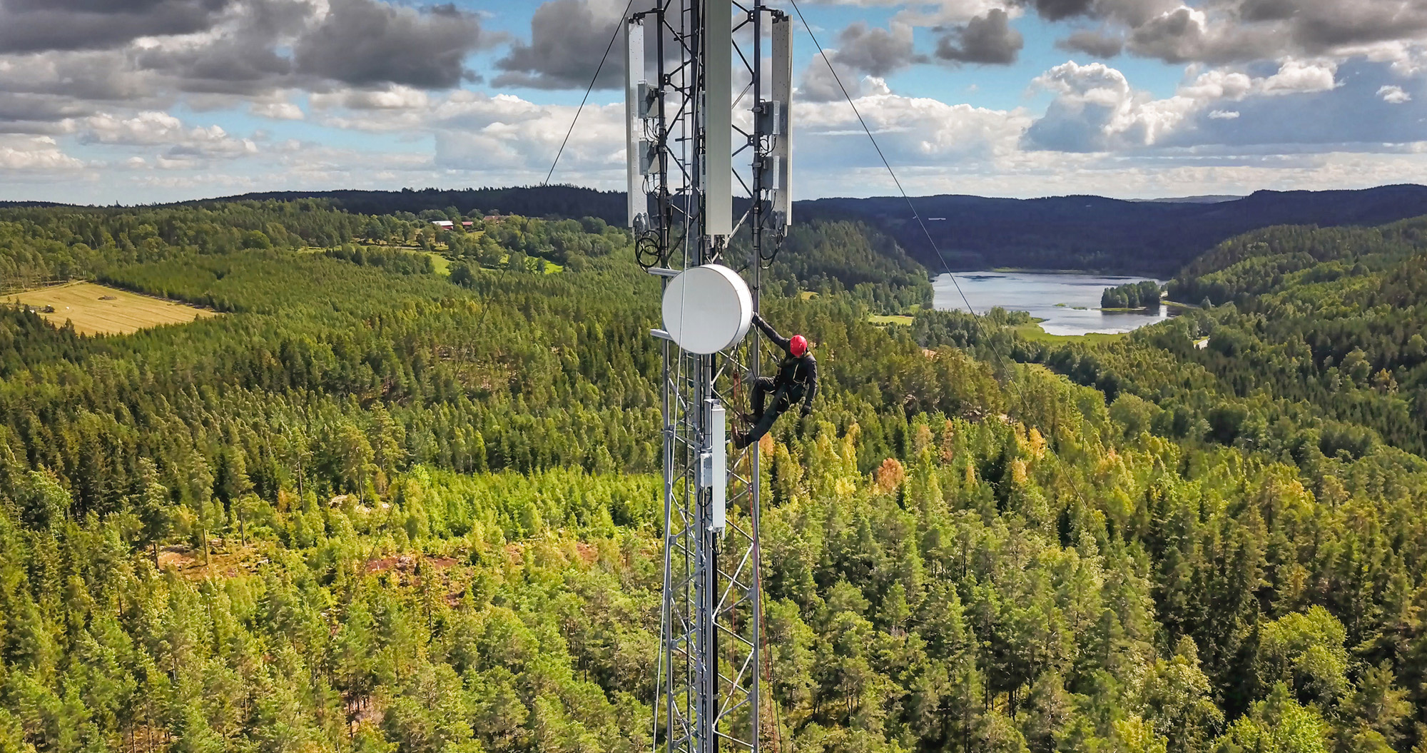 Ein Funkmast in Stahlgitterbauweise, an dem ein Techniker hochklettert. Im Hintergrund üppiger Wald.